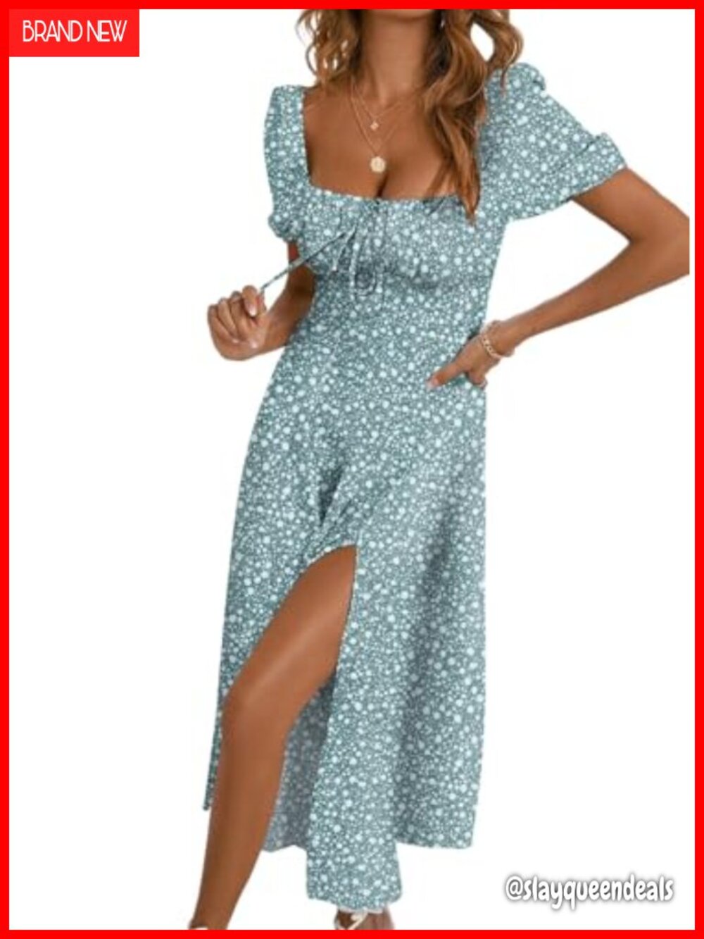 Casual Summer Floral Midi Dress with Square Neck & Short Sleeves